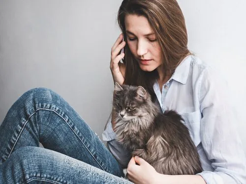 worried-female-pet-owner-holding-cat-while-on-the-phone-with-vet
